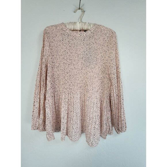 Adrianna Papell Womens Pleated Peplum Blouse Small Champagne Irregular Dot NWT - Picture 1 of 9